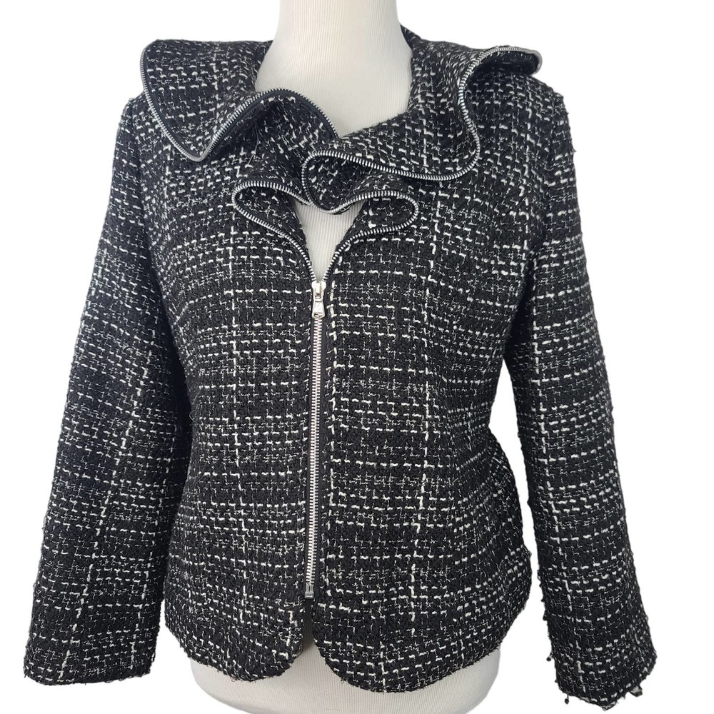 Trenz Theresa Renz Jacket Tweed Black White Ruffle Collar Zipper XL Plaid Career